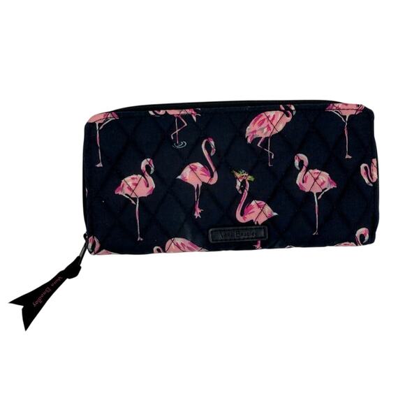 Vera Bradley Flamingo Fiesta Quilted Zip Around Wallet RFID Navy Pink Birds - Picture 1 of 14